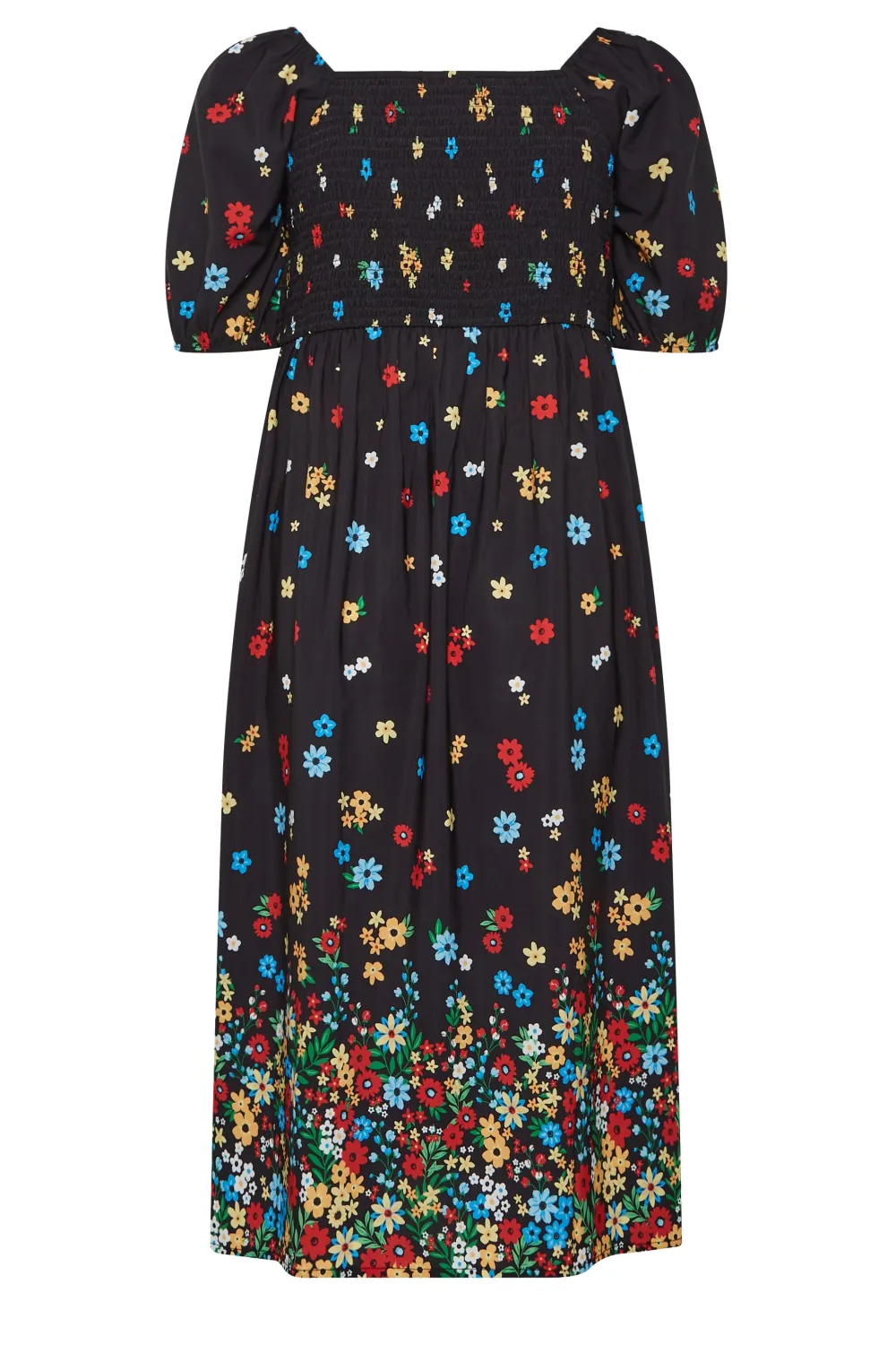 YOURS Curve Black Floral Print Shirred Midi Dress