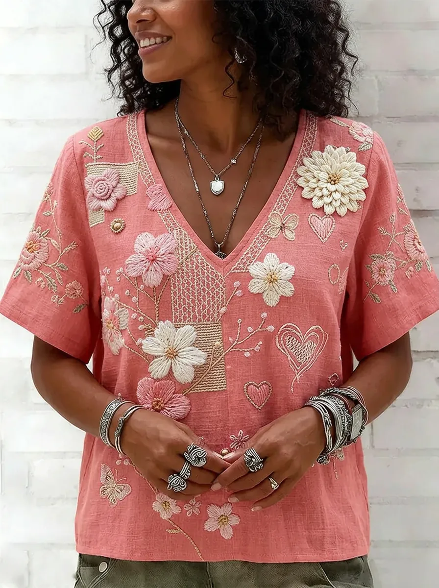 Women's Nashville Floral Heart Embroidered V-Neck T-shirt