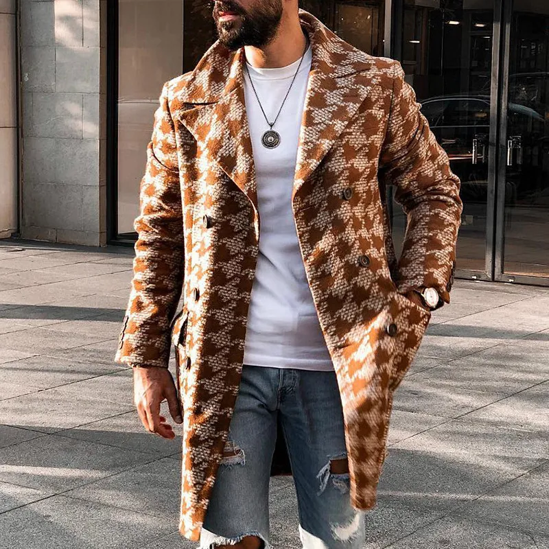 Men's Mid-Length Suit Collar Fashion Print Coat