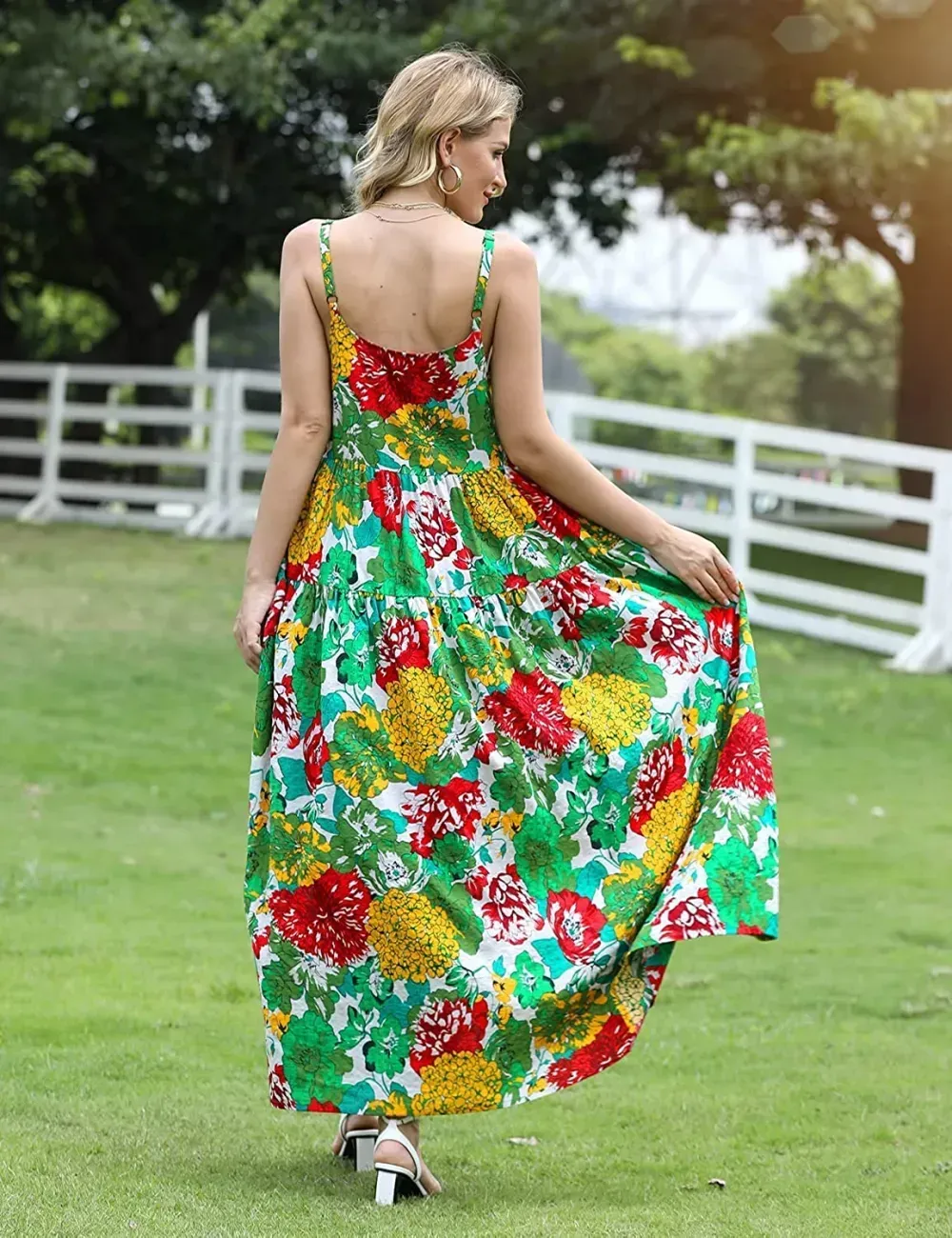 Summer Dresses for Women Casual Loose Bohemian Floral Dress with Pockets Spaghetti Strap Maxi Dress E75