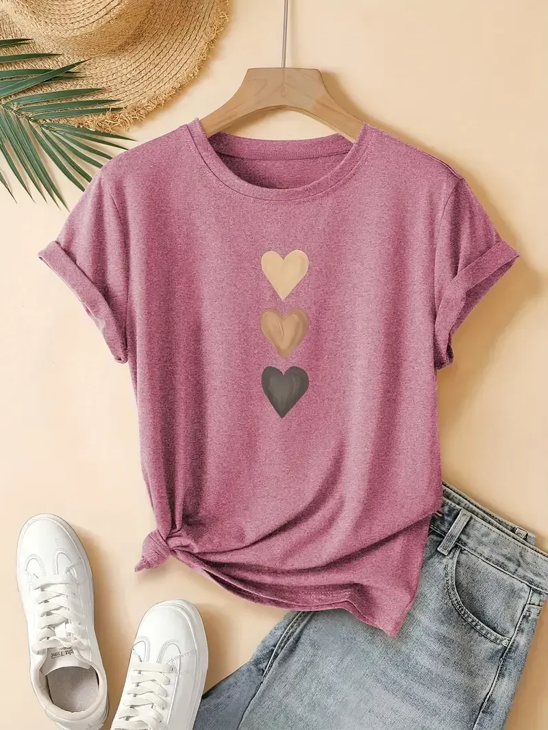 Heart Print Casual T-Shirt, Crew Neck Short Sleeves Sports Tee, Women's Activewear