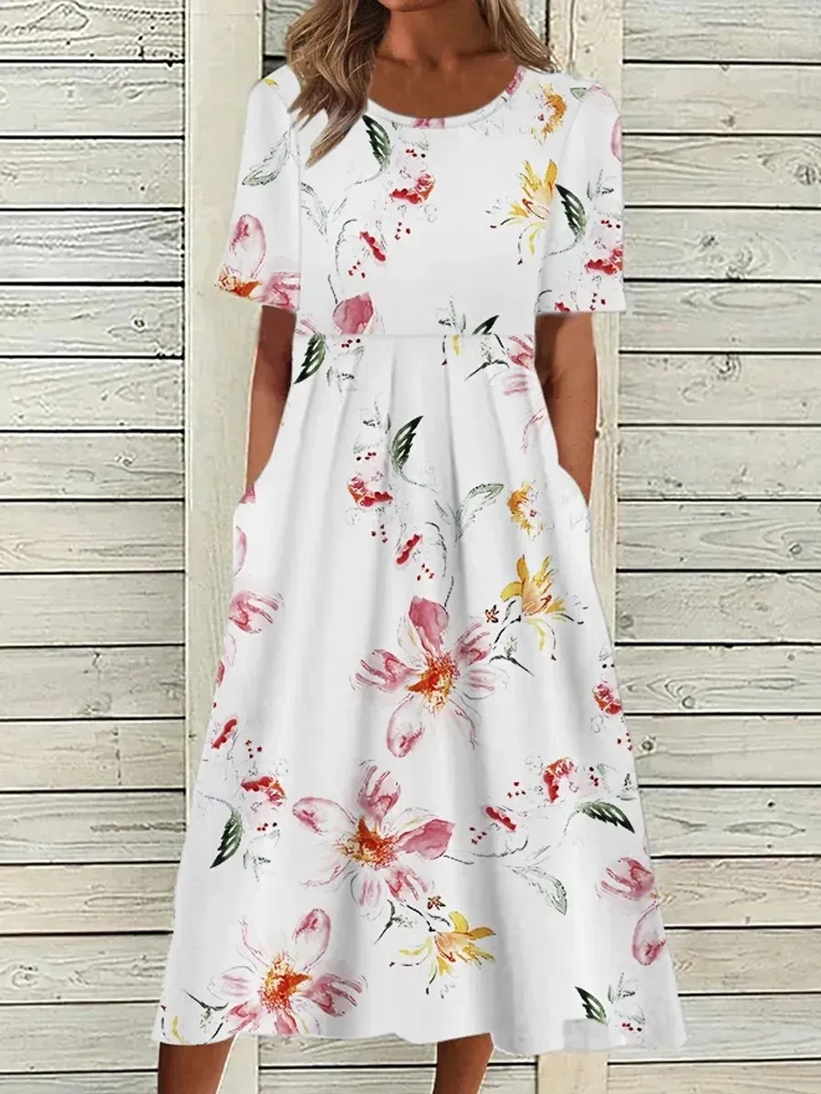 Casual Floral Print Crew Neck Pocket Short Sleeve Midi Dress