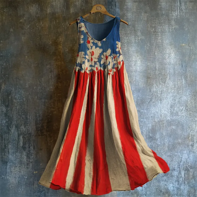 American Flag Inspired Floral Oil Painting Flowy Linen Dress