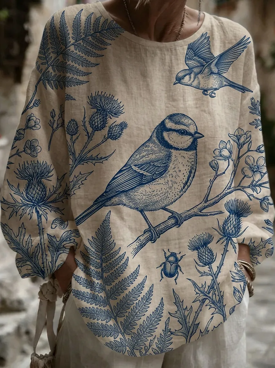 Women's Nashville Nature Lover Bird and Thistle Printed Top