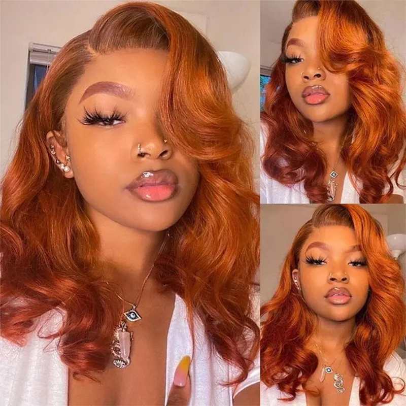 Pull Go Glueless 7×6 Lace Orange Ginger Body Wave Short Bob Wig Sterly Hair