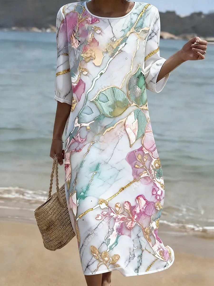 Women's Romantic Floral Art Printed Cotton And Linen Dress