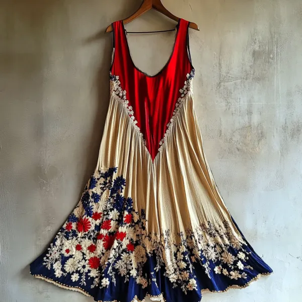 Women's Independence Day Floral Print Sleeveless Crew Neck Dress