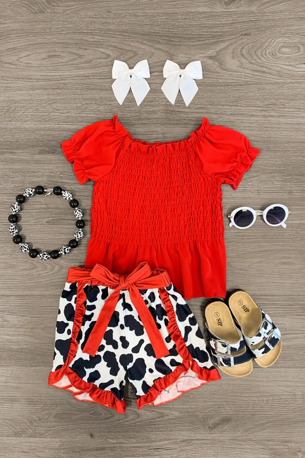 Red Cinch & Cow Print Short Set