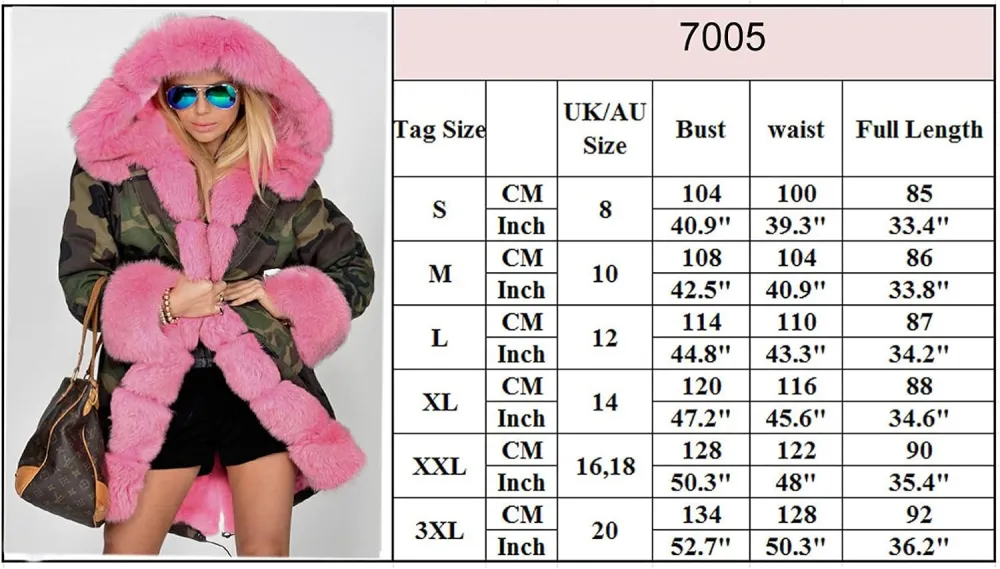 Womens Hooded Camouflage Warm Winter Coats Faux Fur Jacket Parka Overcoat