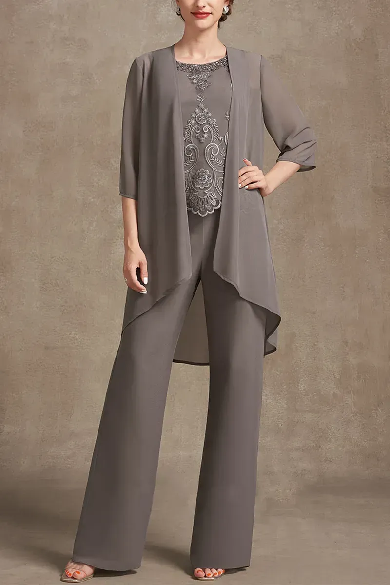 Plus Size Embroidery Chiffon Three Pieces Set Pant Suits