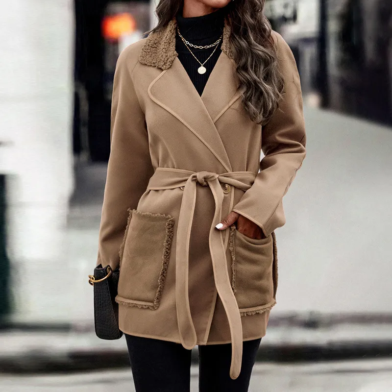 Long-sleeve Blazer Collar Panel Belted Coat