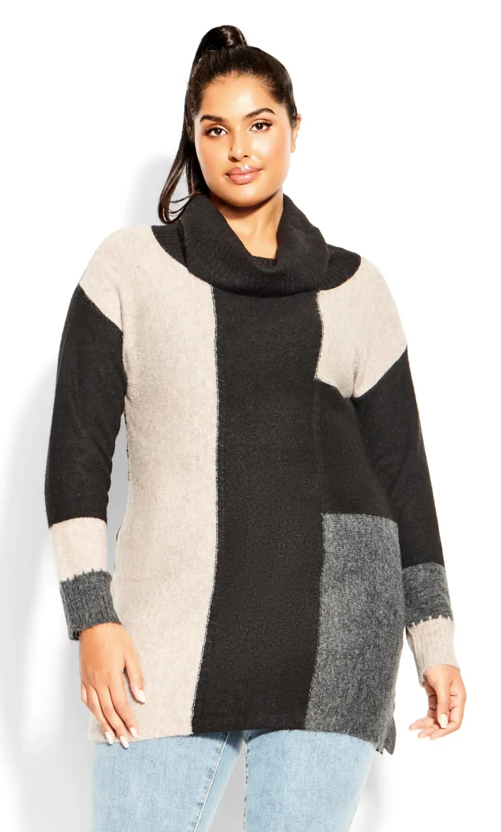 Evans Black Roll Neck Colourblock Jumper