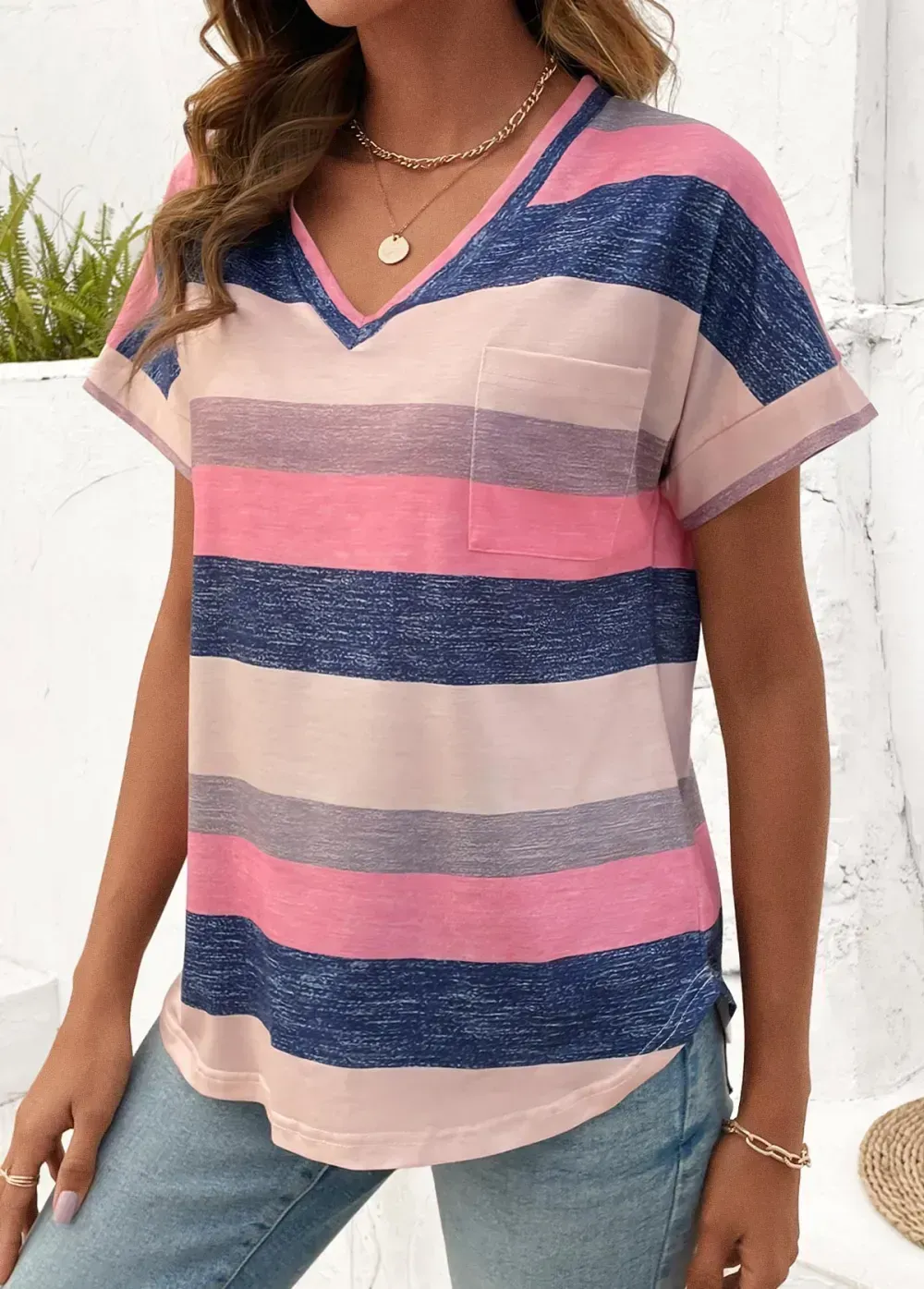 Multi Color Pocket Striped Short Sleeve T Shirt