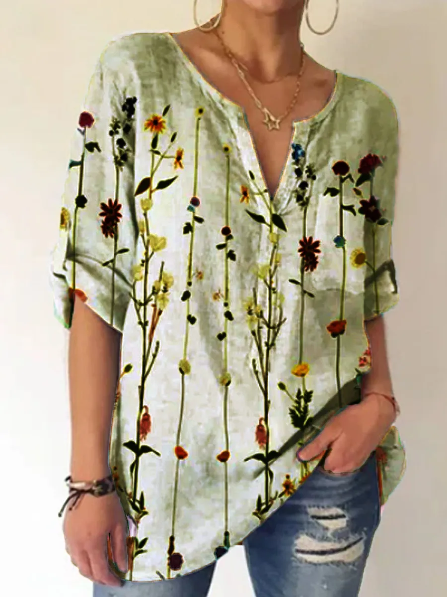 Ladies V-neck Floral Print Fashion Short-sleeved Blouse
