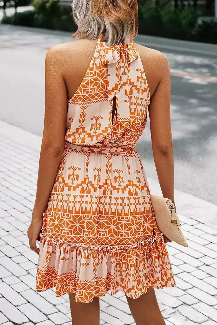 Halter Neck Summer Loose Sleeveless  Ruffle Belt Boho Floral Dress