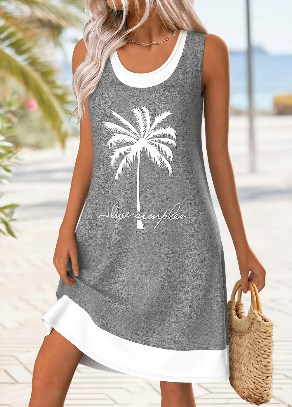 Grey Patchwork Tropical Plants Print Short A Line Dress