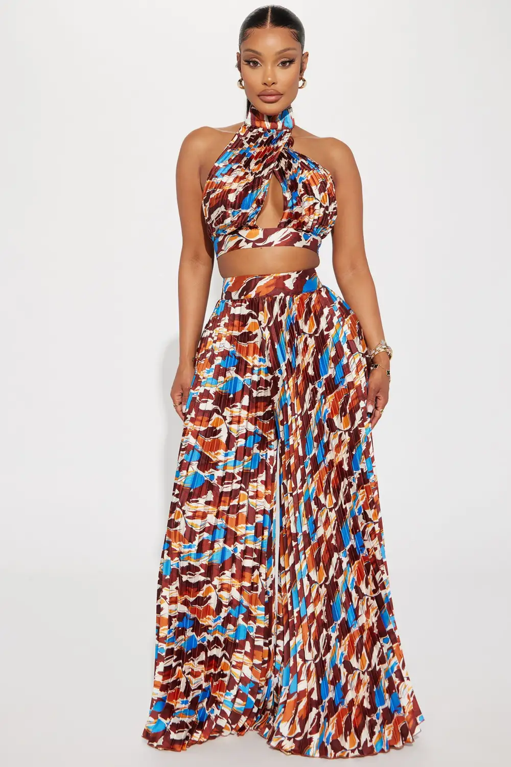 Pia Pleated Skirt Set - Rust/combo