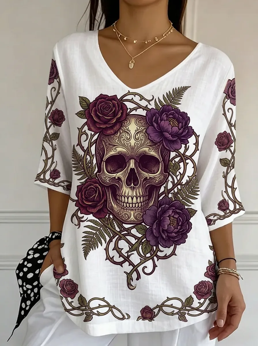 Women's Nashville Gothic Skull Floral Printed V-neck Top