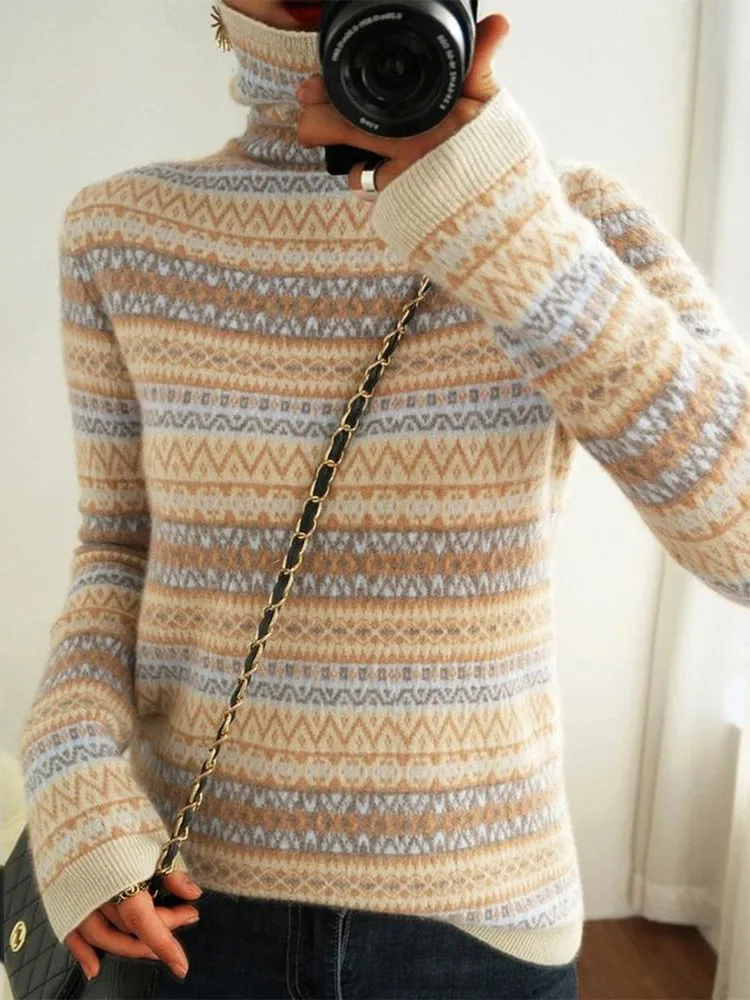 Vintage Ethnic Jacquard Long Sleeve Pile Neck Sweater