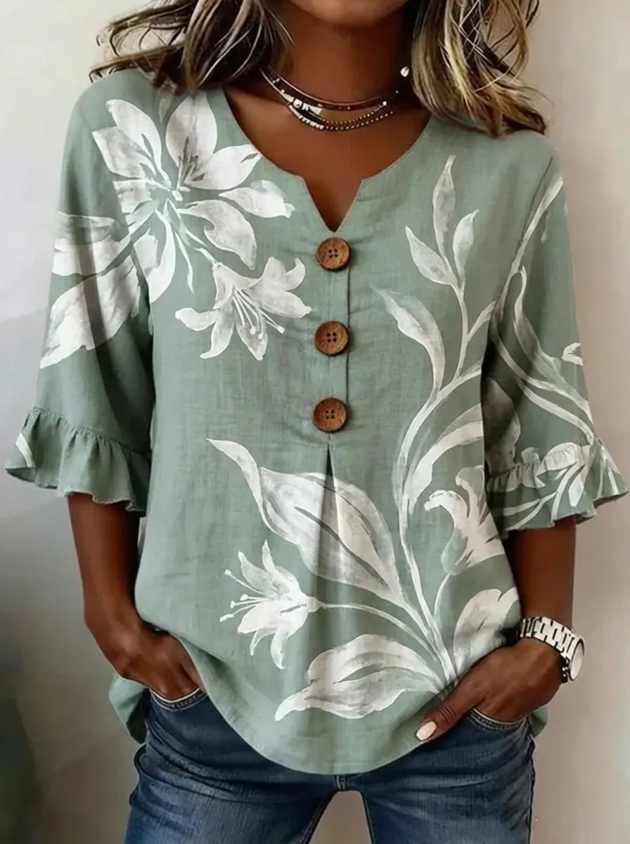 Women's Nashville Floral Botanical Printed V-Neck Button Top