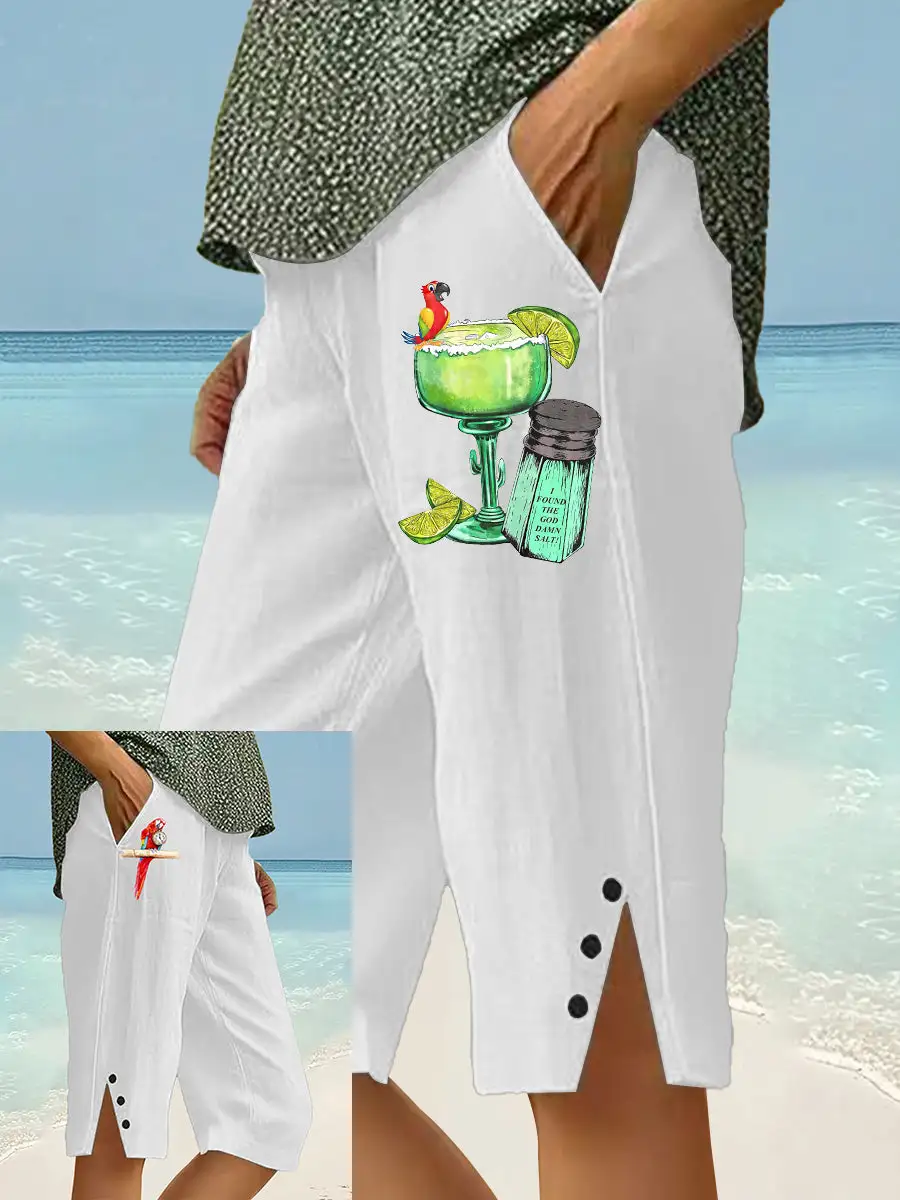 Women's Beach Vacation Parrot Print CottonLinen Shorts