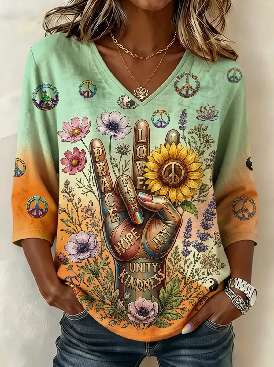 Women's Nashville Hippie Peace Sign Sunflower Printed V-neck Top