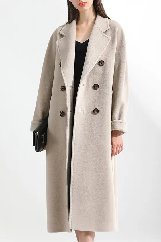 Solid double breasted cashmere lapel coat