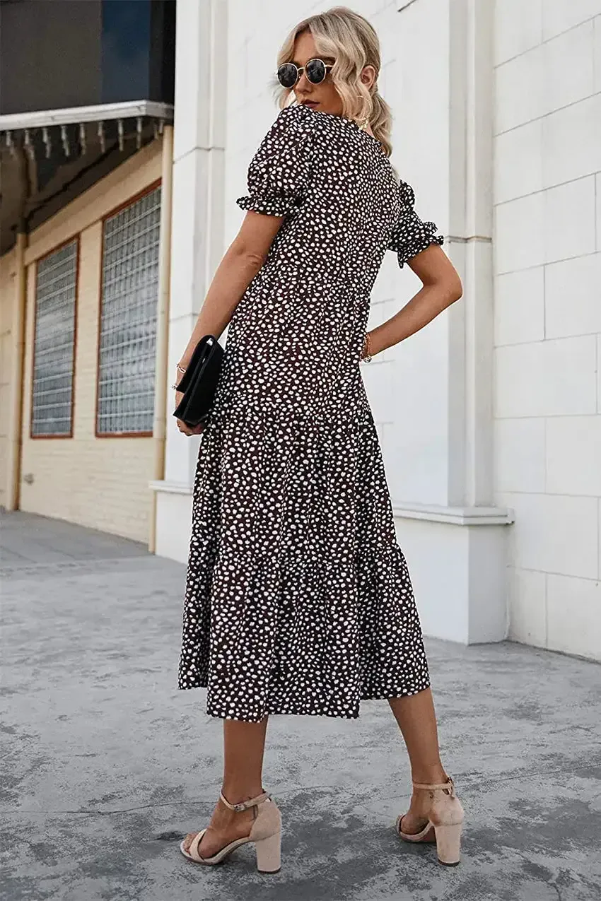 Floral Print Ruffle Puff Sleeve High Waist Midi Dresses