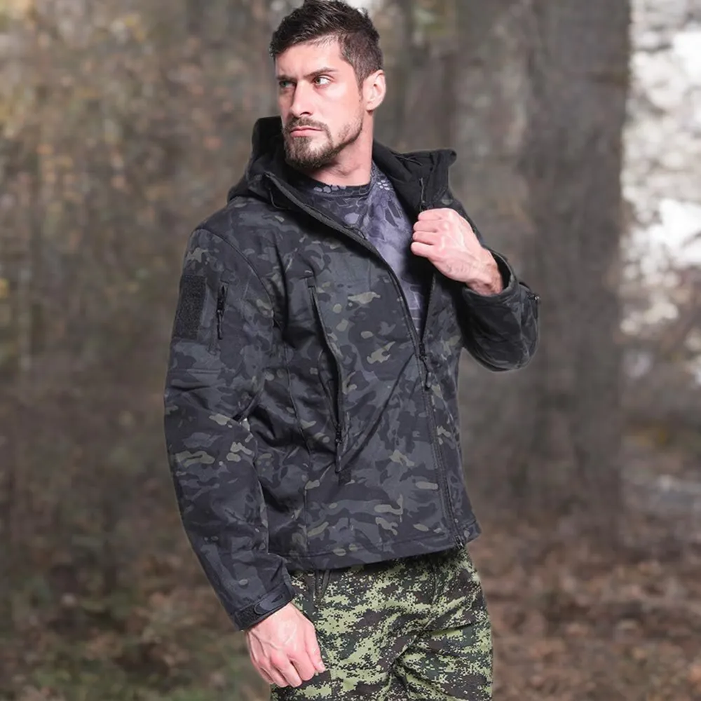 Men's Camo Quiet Hunting Jacket Waterproof Softshell Fleece Lined Camouflage Outdoor Hiking Fishing Coat