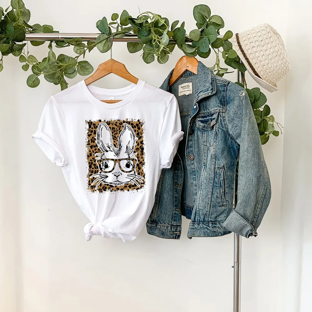 Easter Leopard Bunny Printed Round Neck Short Sleeve T-Shirt