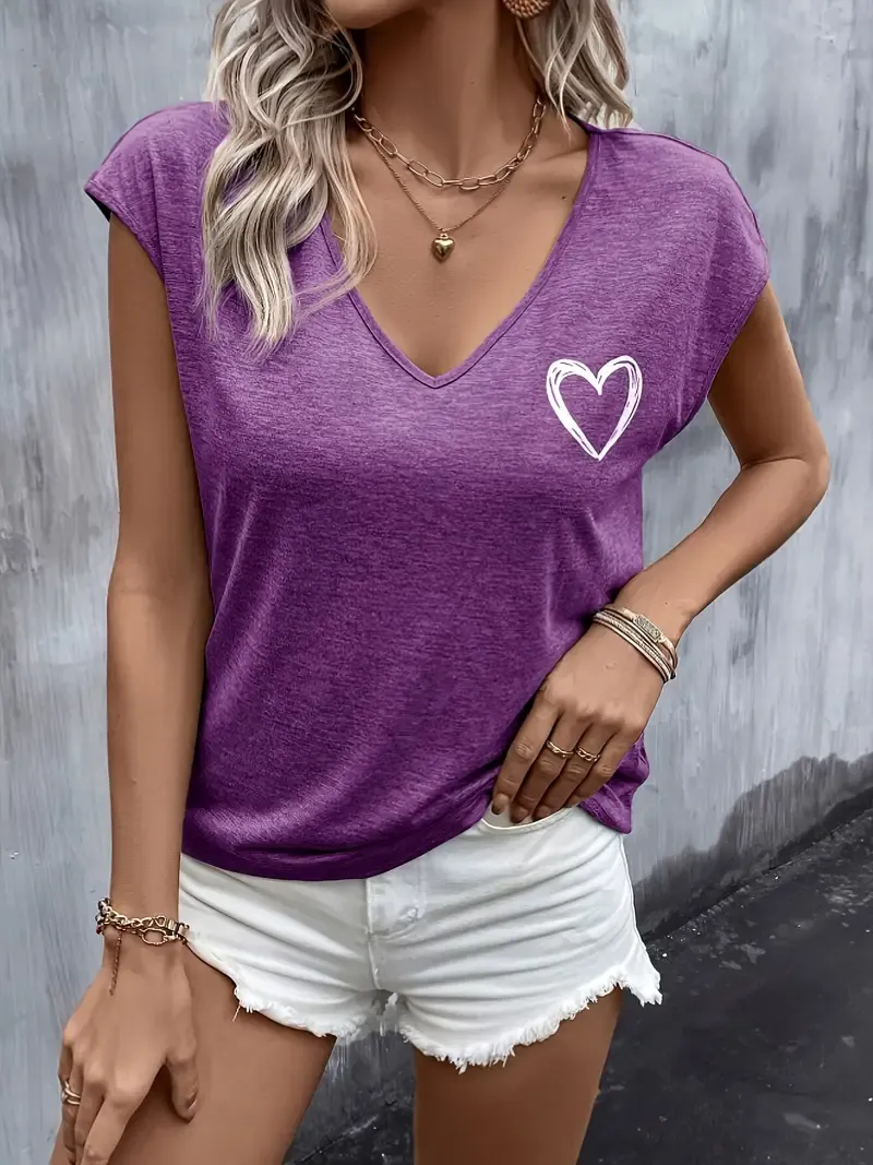 Heart Print V Neck T-shirt, Casual Cap Sleeve Top For Spring & Summer, Women's Clothing