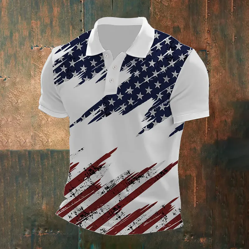 Men's Retro American Flag Print Polo Shirt