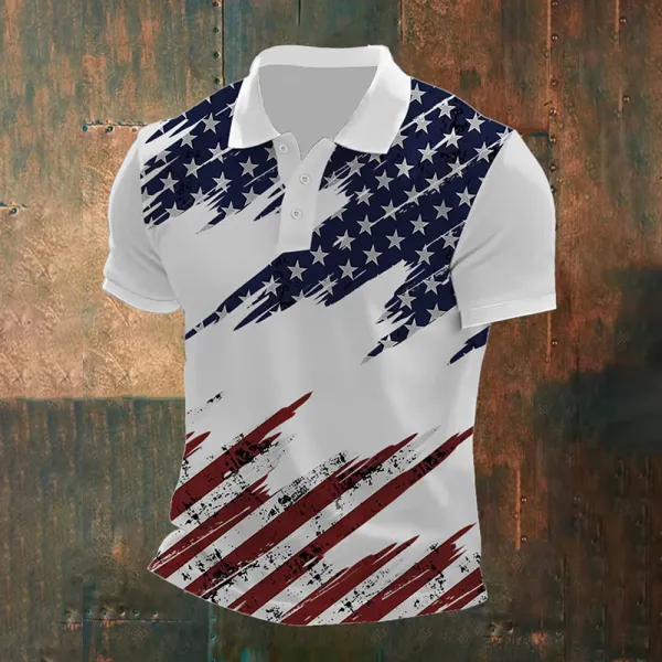 Men's Retro American Flag Print Polo Shirt