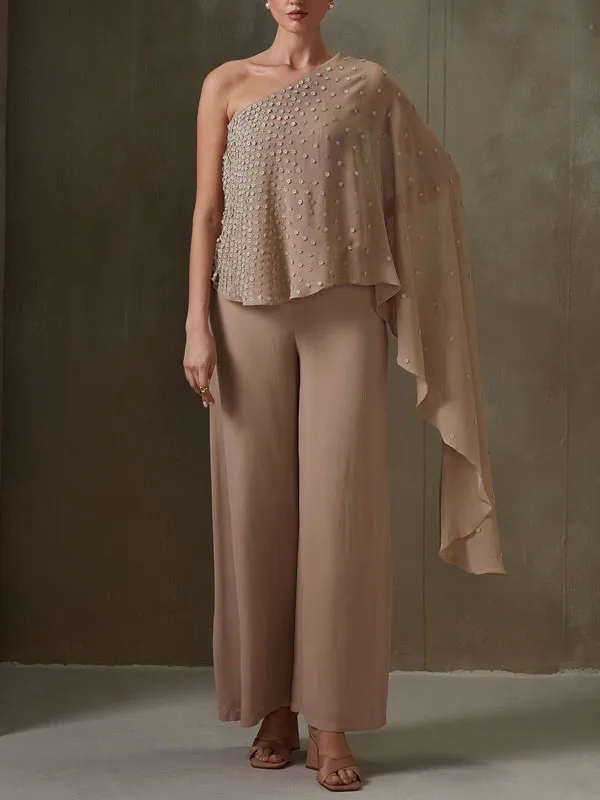 Fluttering Beaded Chiffon One Shoulder Women's Sets