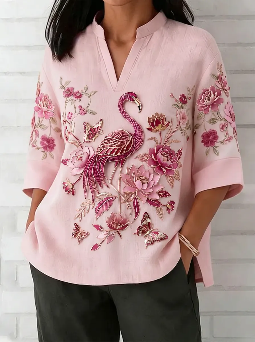 Women's Nashville Flamingo Floral Butterfly Printed V-neck Top