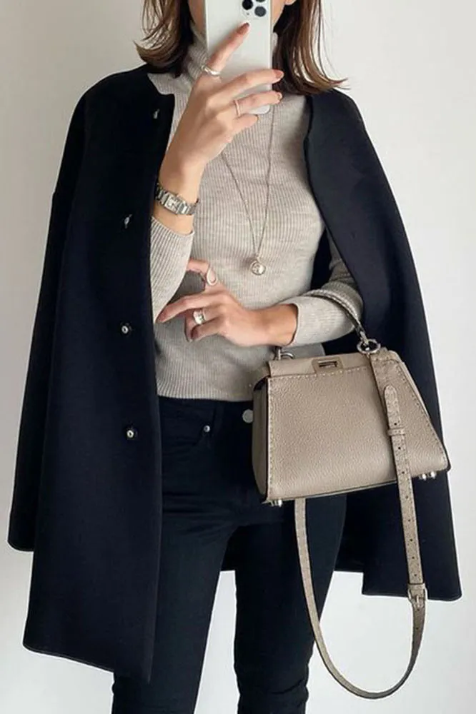 Elegant Solid Neckless Faux Woolen Coat