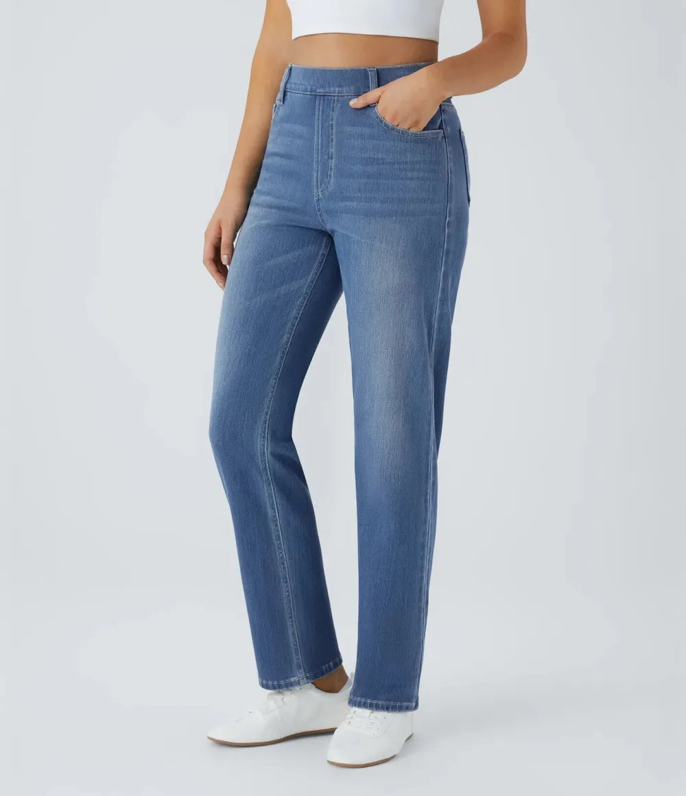 High Waisted Multiple Pockets Straight Leg Washed Stretchy Knit Casual Jeans