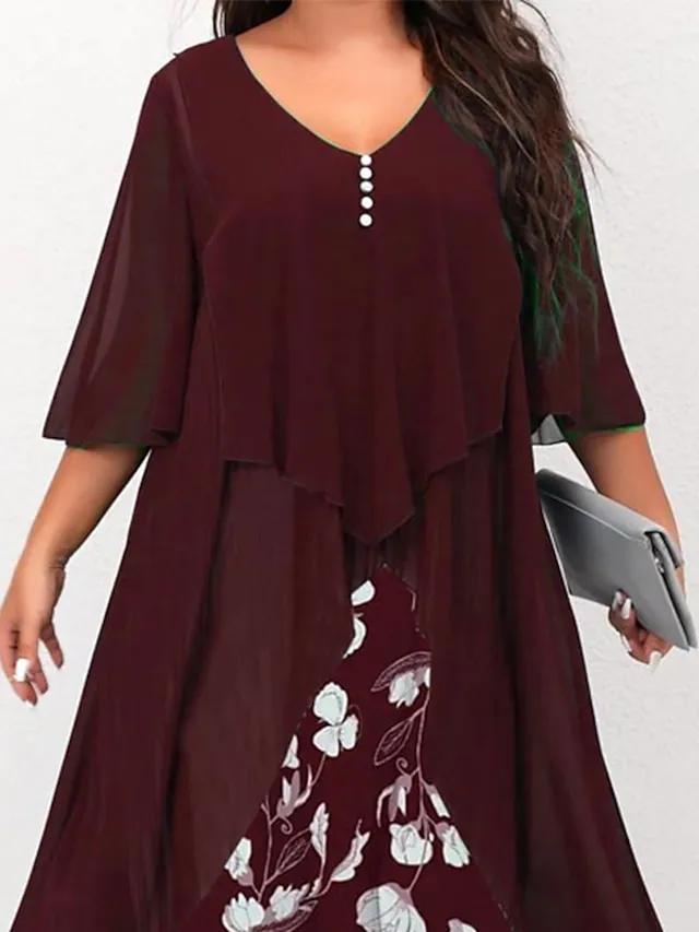 Women‘s Plus Size Curve Work Dress Floral V Neck Ruched 3/4 Length Sleeve Spring Summer Work Elegant Midi Dress  Layered Formal Vacation Dress Wedding Guest Dress