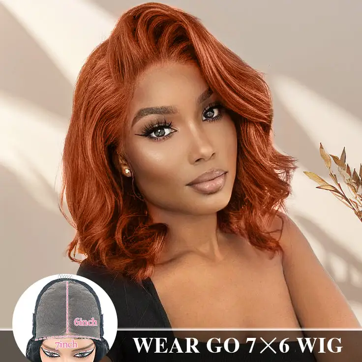 Pull Go Glueless 7×6 Lace Orange Ginger Body Wave Short Bob Wig Sterly Hair