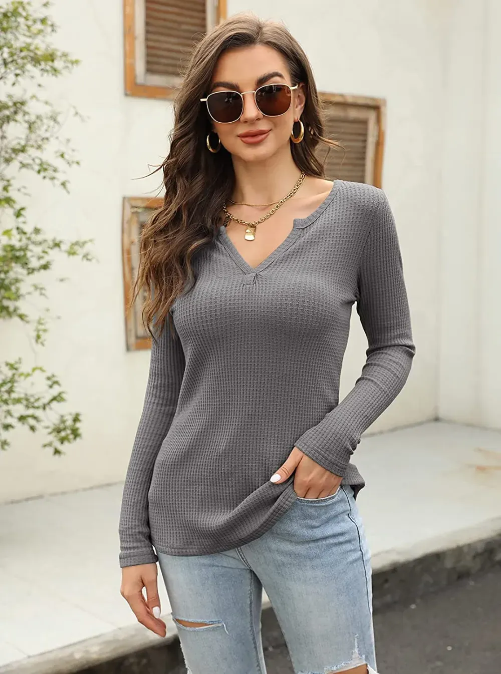 Women's V Neck Waffle Knit Henley Tops Casual Long Sleeve Pullover Sweater Blouses