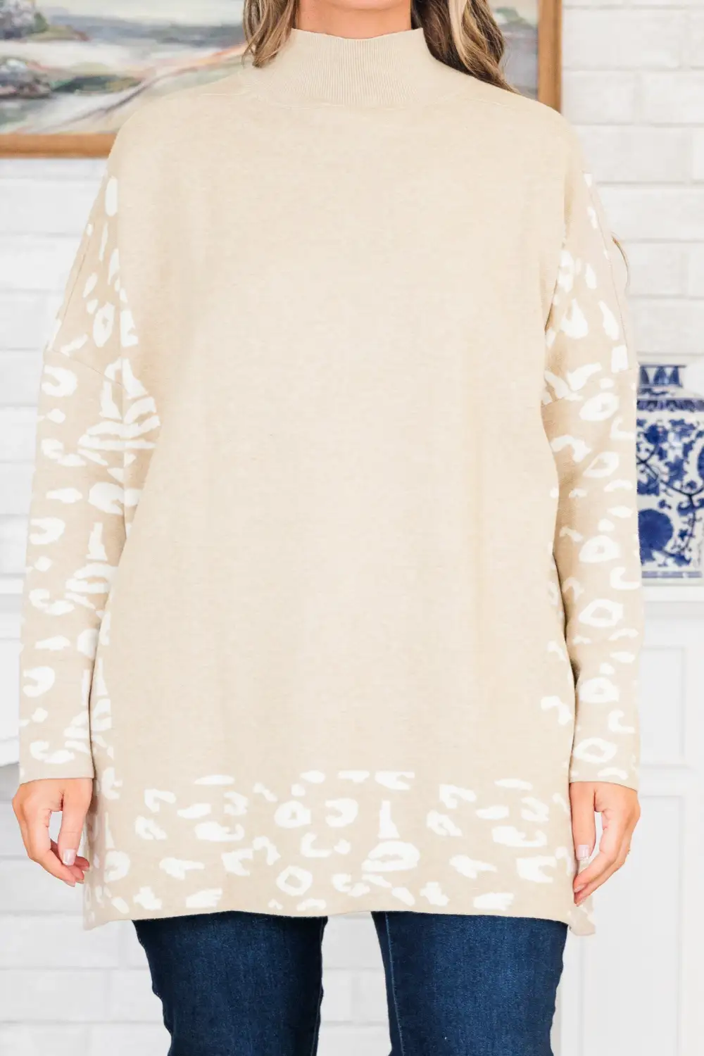 Time To Walk Away Sweater Tunic, Taupe-White
