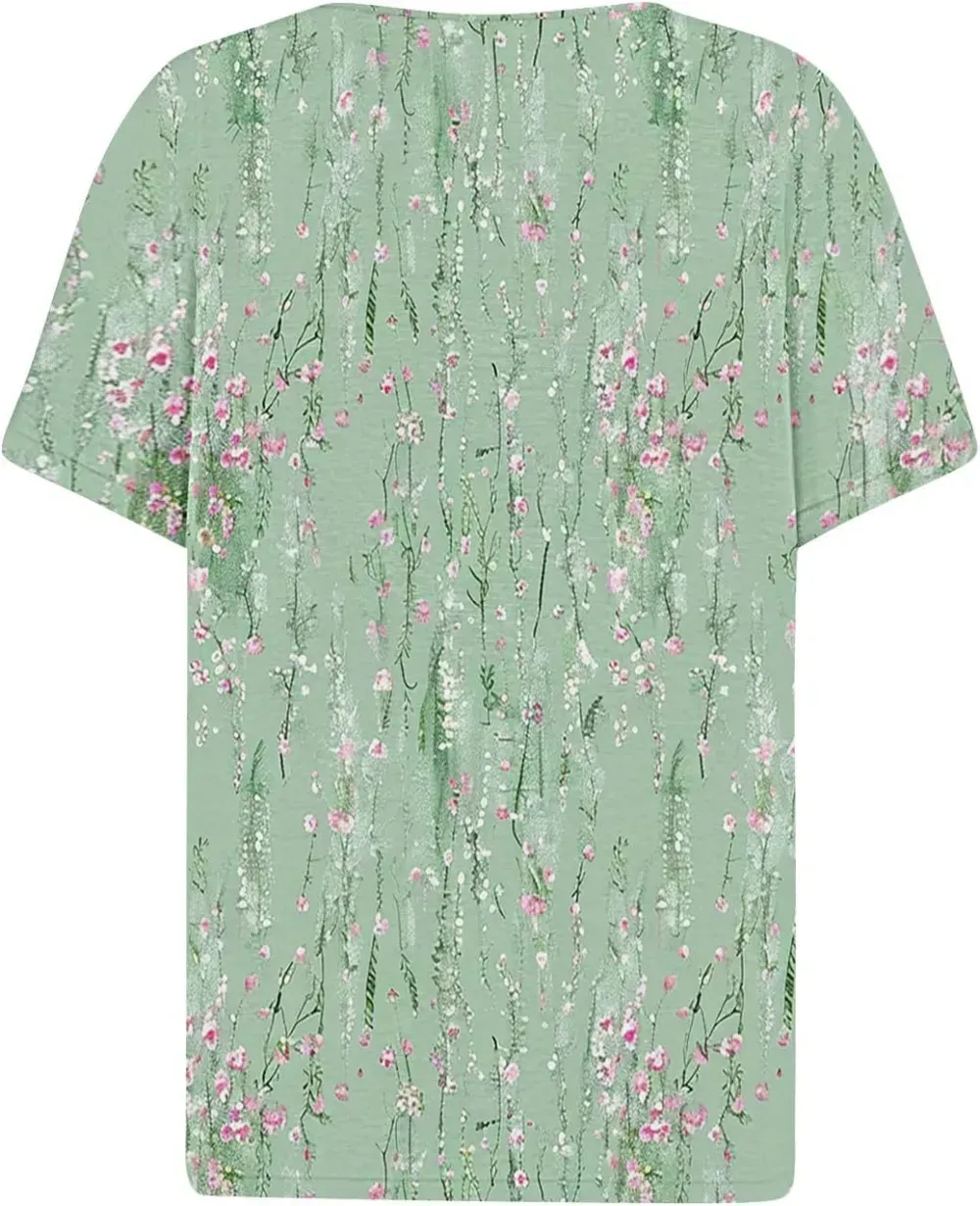 Shirts for Women Casual Printed Summer Tops Short-Sleeved Button V-Neck Tops Blouse Fashion Boho T-Shirts