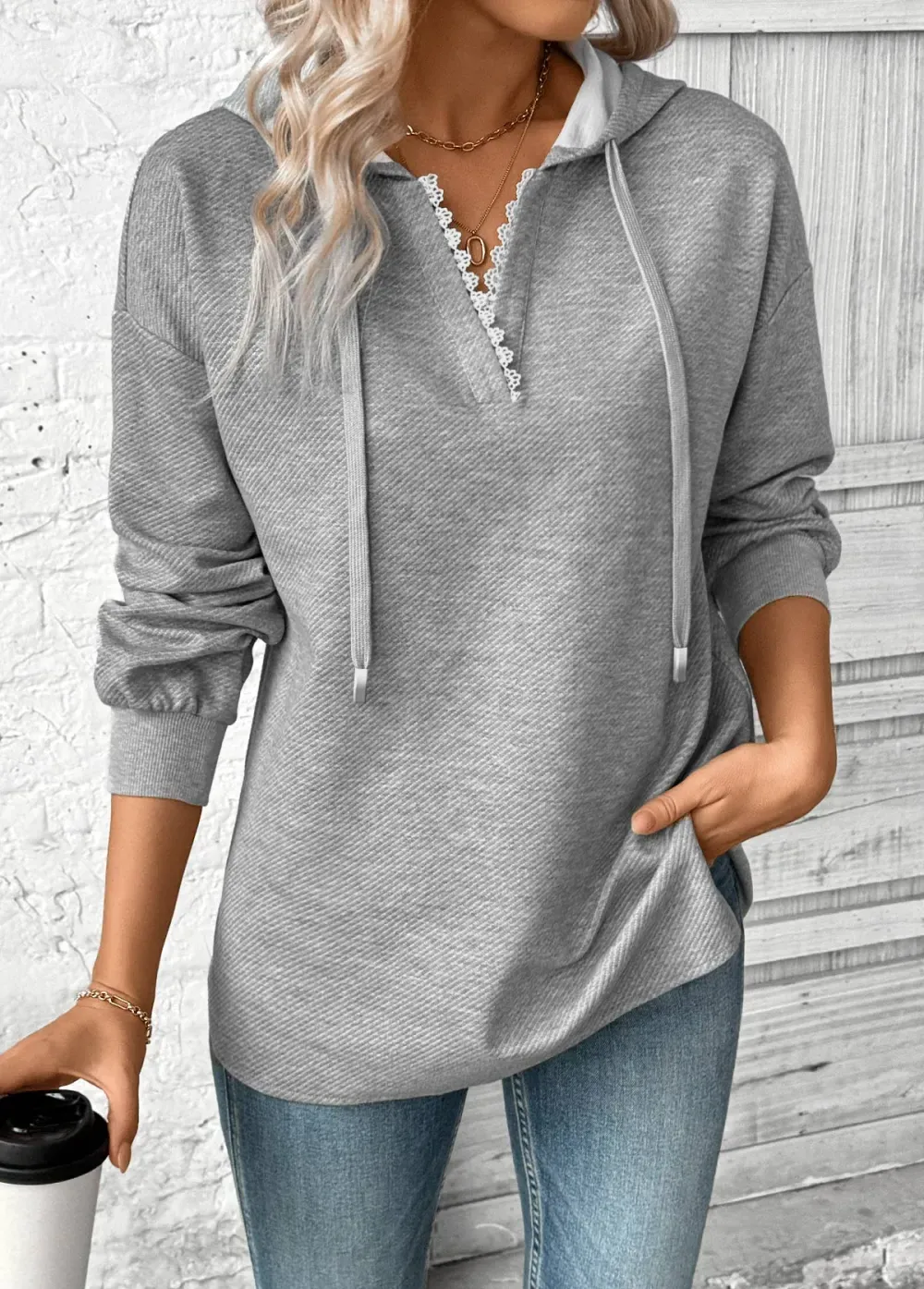 Plus Size Grey Embroidery Long Sleeve Hoodie