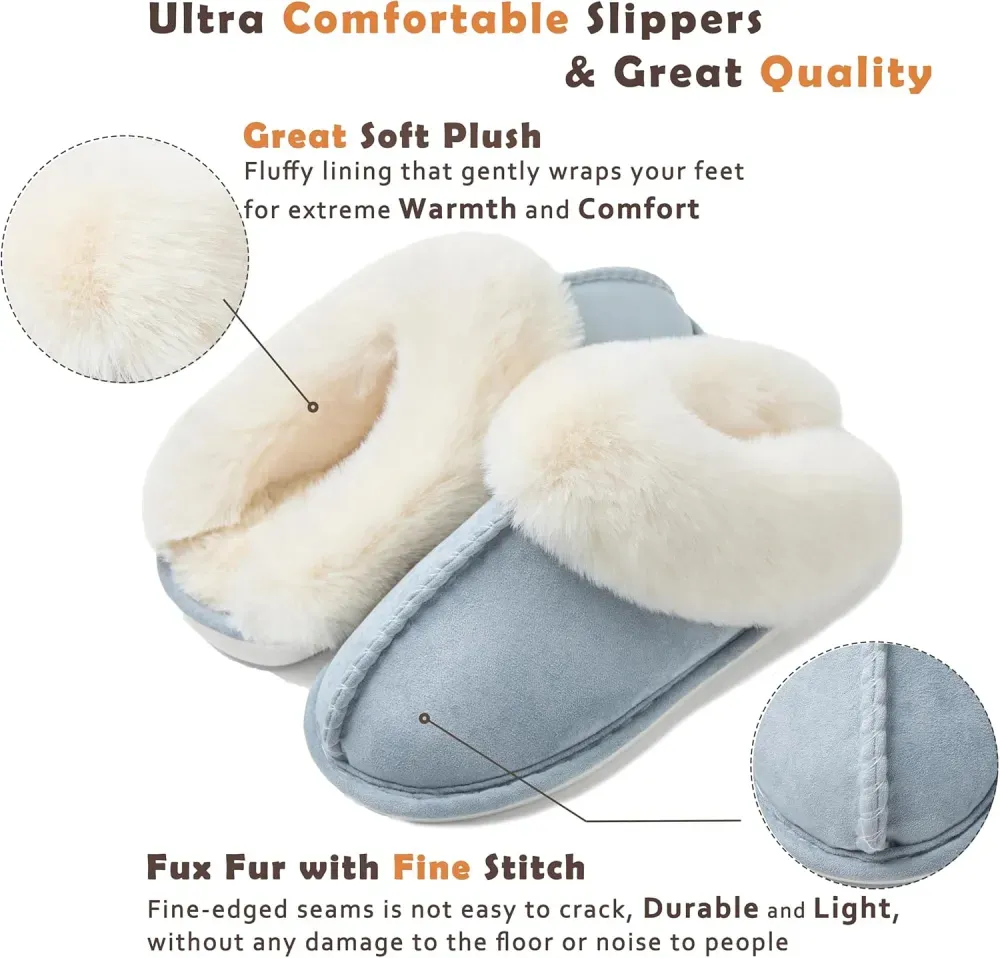 Womens Slipper with Memory Foam Fluffy Soft Warm Slip On House Slippers Anti-Skid Cozy Plush for Indoor Outdoor