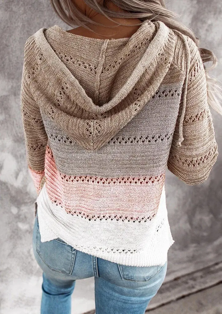 Color Block Hollow Out Drawstring Knitted Sweater - Pink