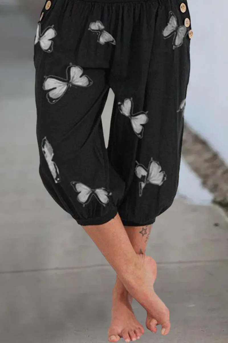 Butterfly Print Pocket Side Capris Pants