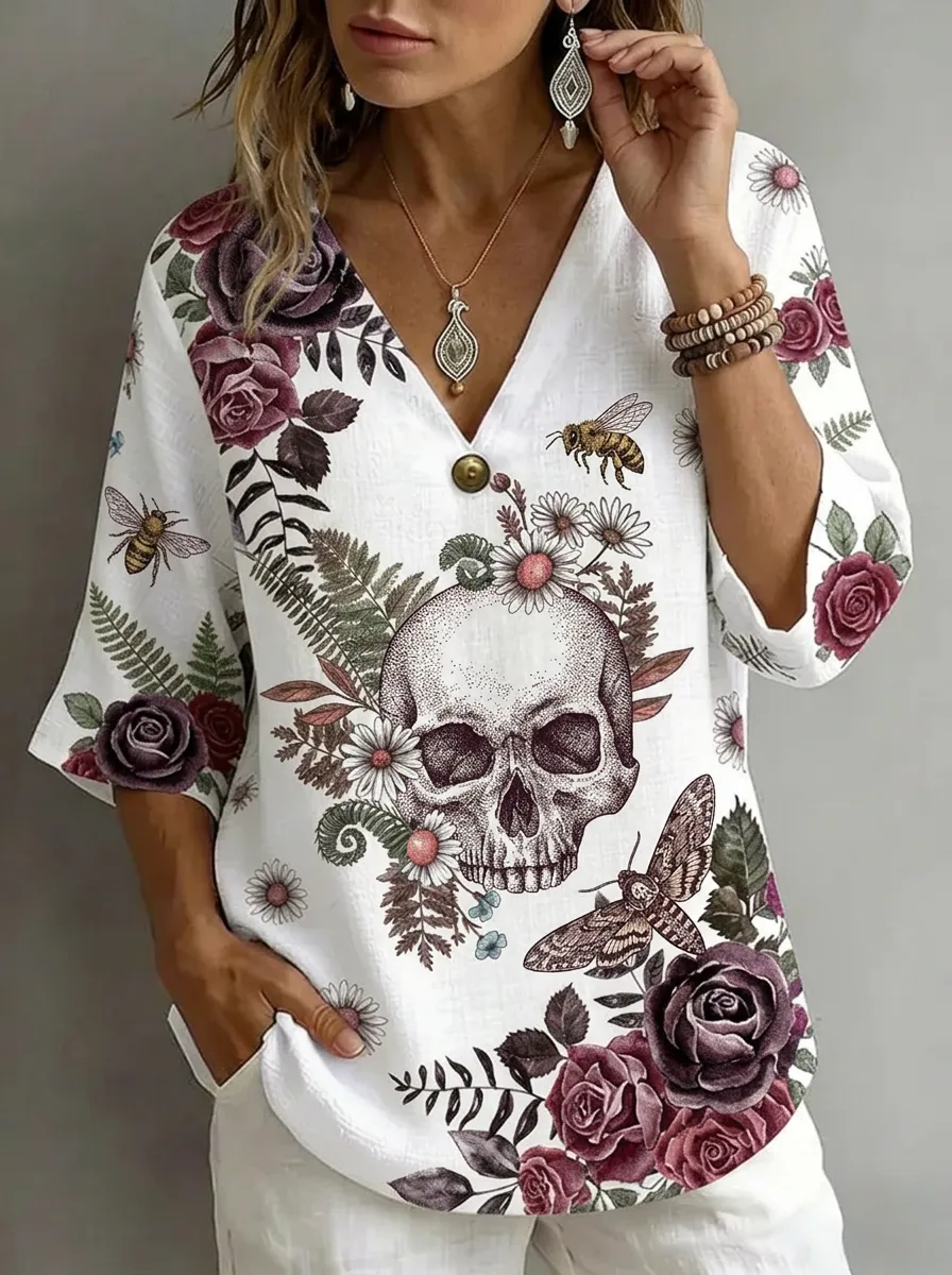 Women's Nashville Floral Skull Bee Printed V-Neck Top