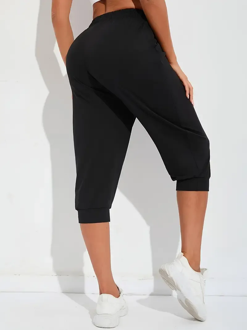 Women's High-Waist Drawstring Yoga Fitness Running Casual Capri Pants, Summer, Loose Wide Leg Sports Capri Trousers, Comfortable Athletic Loungewear