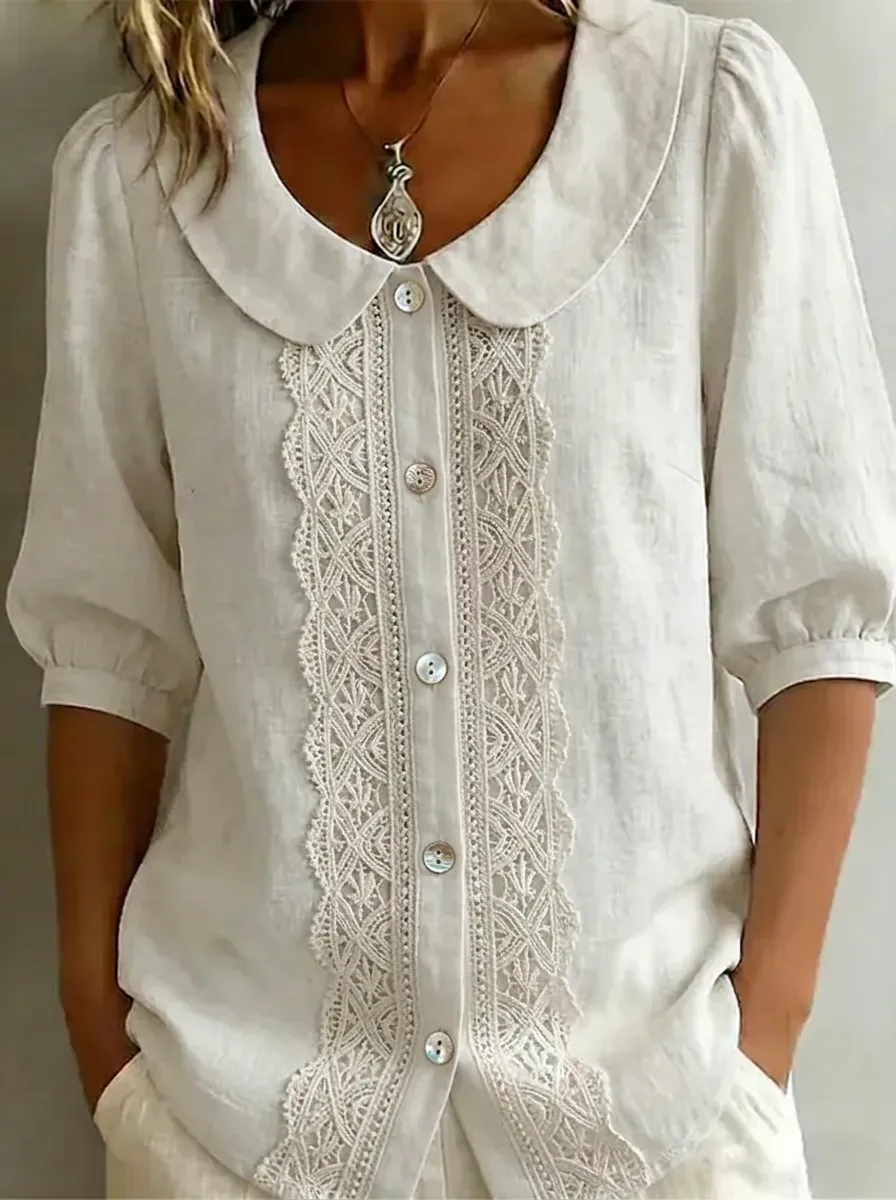Women's Nashville Music City Lace Trimmed Button Down Linen Shirt