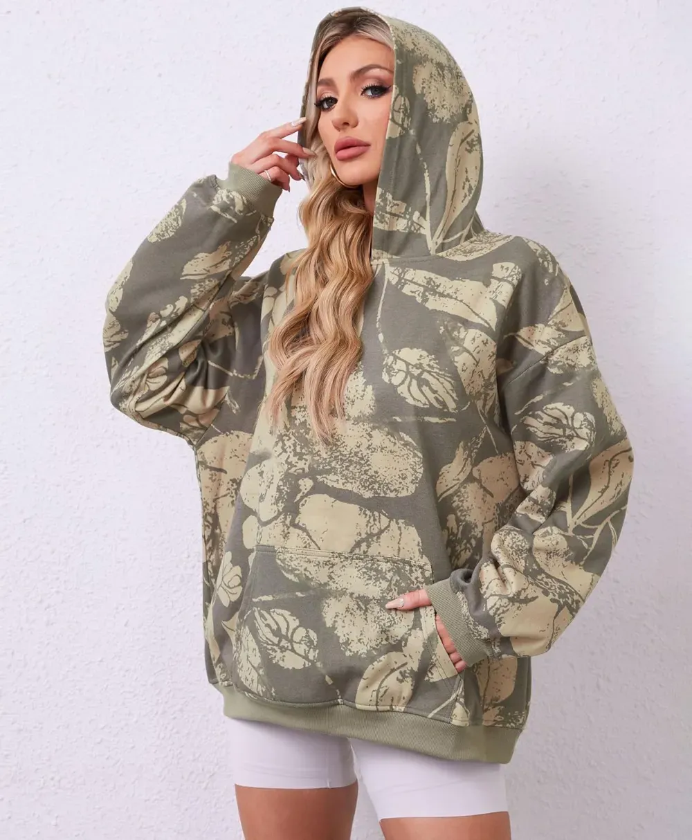 Womens Camo Hoodies Maple Leaf Print Oversized Hooded Sweatshirt Fleece Pullover Sweatshirts Long Sleeve with Pocket